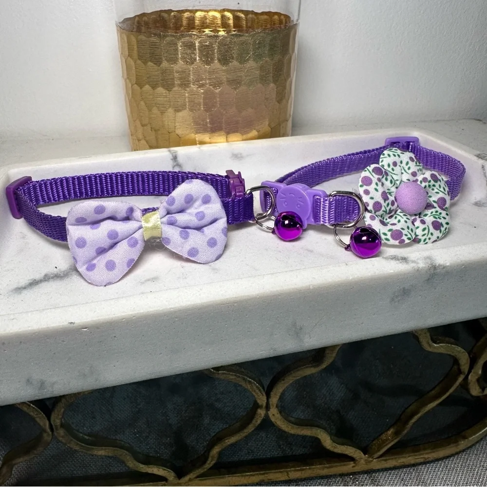Purple and White Cat Collar Set with Bell Bow and Flower